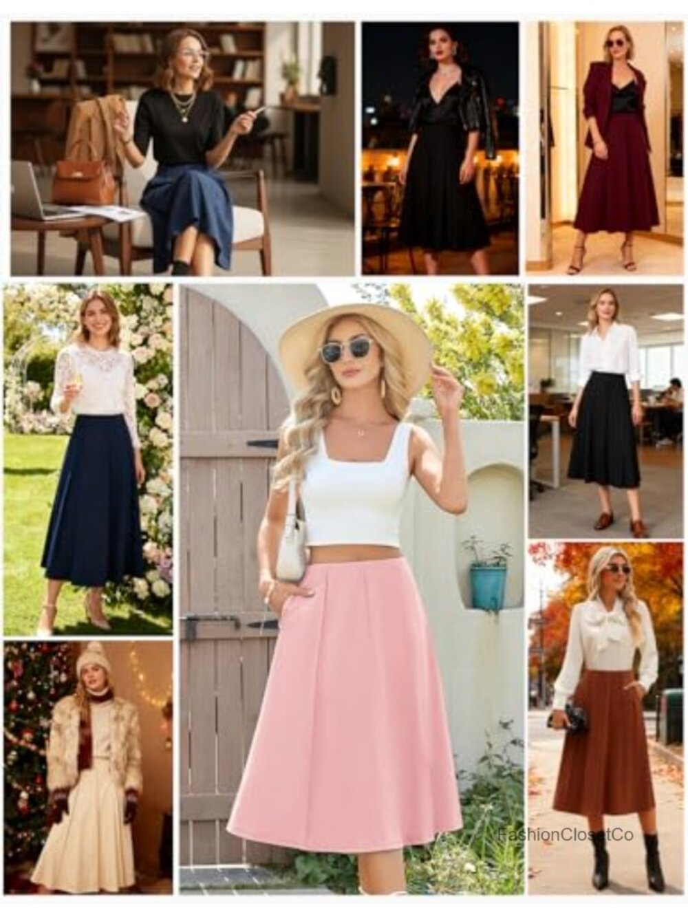Flowy Midi A-Line Skirt with Pockets High Waisted Pleated Skirt - Picture 4 of 6